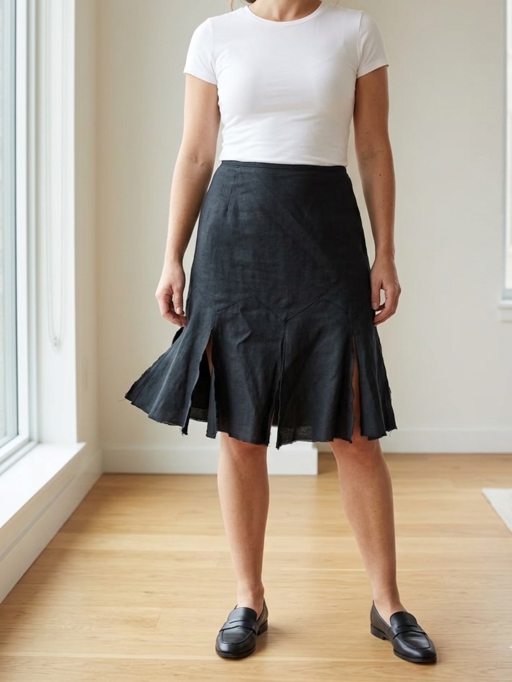 White House Black Market Black 100% Linen Raw Hem Drop Waist Mini Skirt Size 12